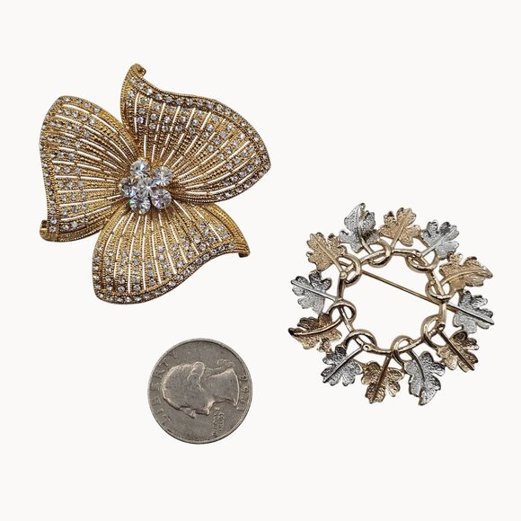 Set of 2 Vtg Brooches Floral Gold Silver Tone Glam Glitz Pins Sparkle Fashion - Picture 7 of 12